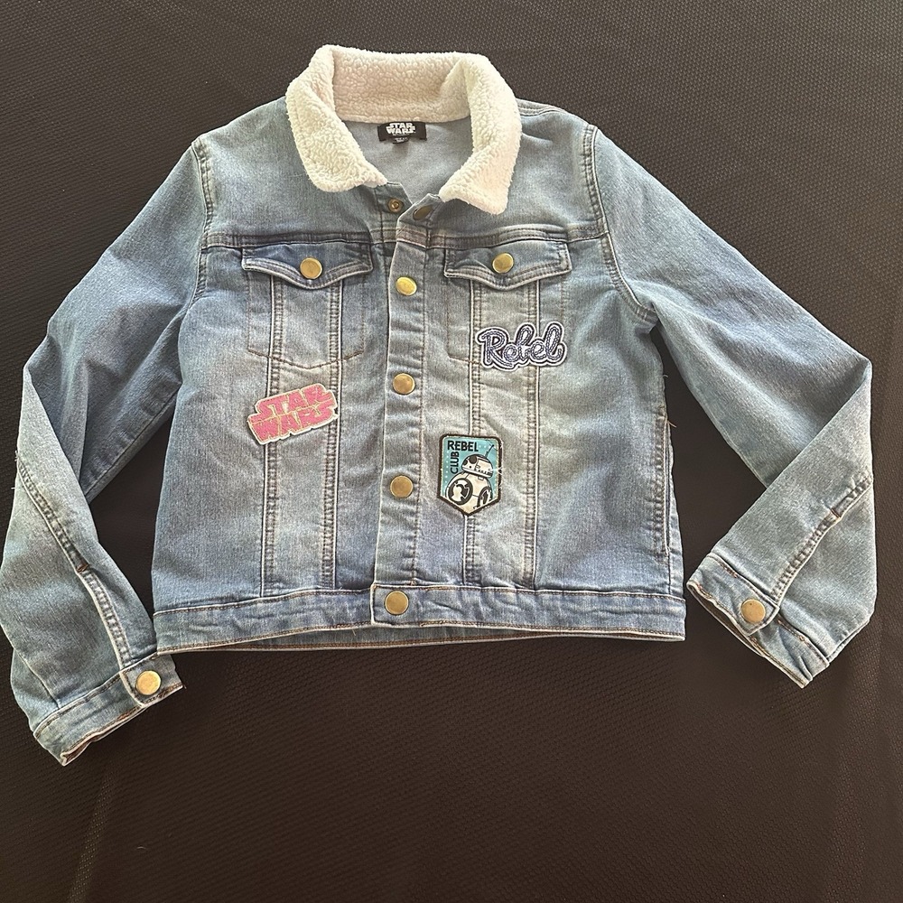 Girls Star Wars Rebel Club Faux Sherpa Collar Denim Trucker Jean Jacket Sz 10/12